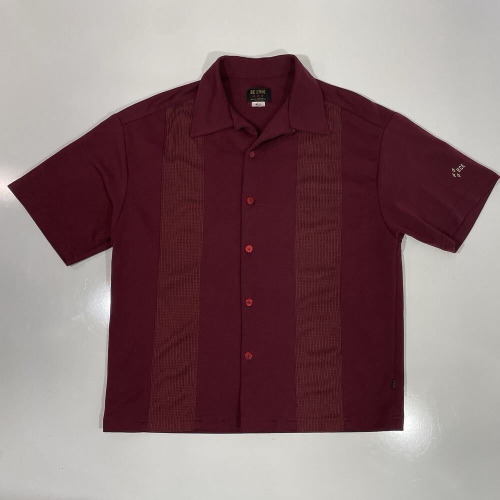 BC Ethic Mens Medium Button Up Shirt Ribbed Panels Red Retro Rockabilly Bowling